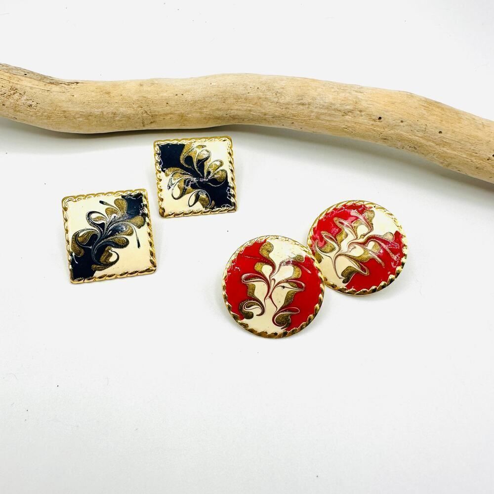 Vintage Enamel Statement Earrings-Red & Navy Florals, Gold-Tone Backs-2 Pairs